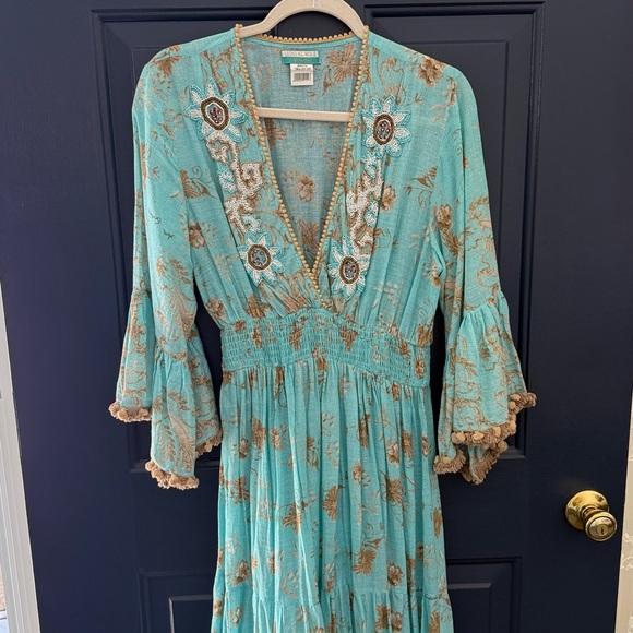 Leoni al Sole Dresses & Skirts - Bohemian Leoni Al Sole by Giacono Cirque Turquoise Beaded Maxi Dress w/ Pom Poms